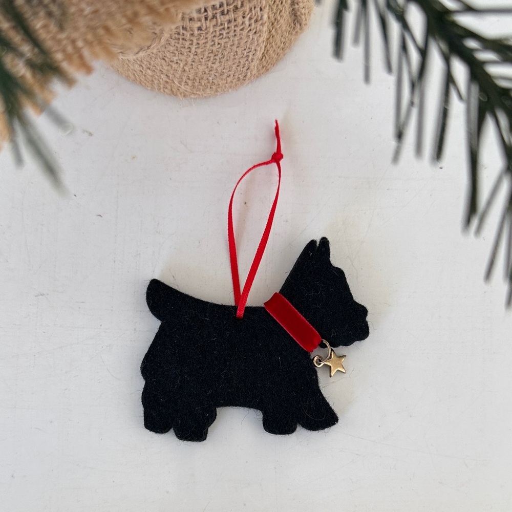 Vintage Black Felt Scotty Dog Ornament Red Velvet Collar Gold Star